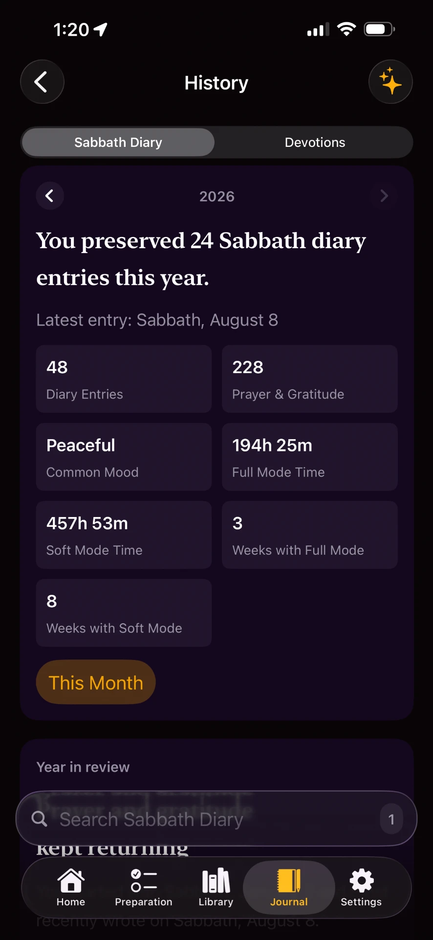 SabbathMate history screen summarising a year of Sabbath diary entries and modes