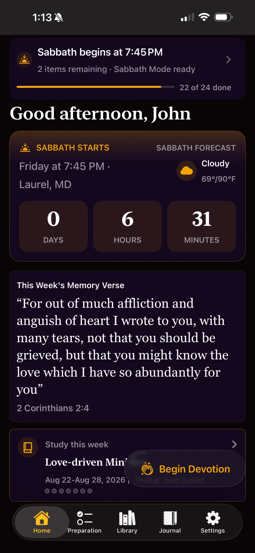 SabbathMate preparation screen showing Friday preparation checklist and sunset countdown