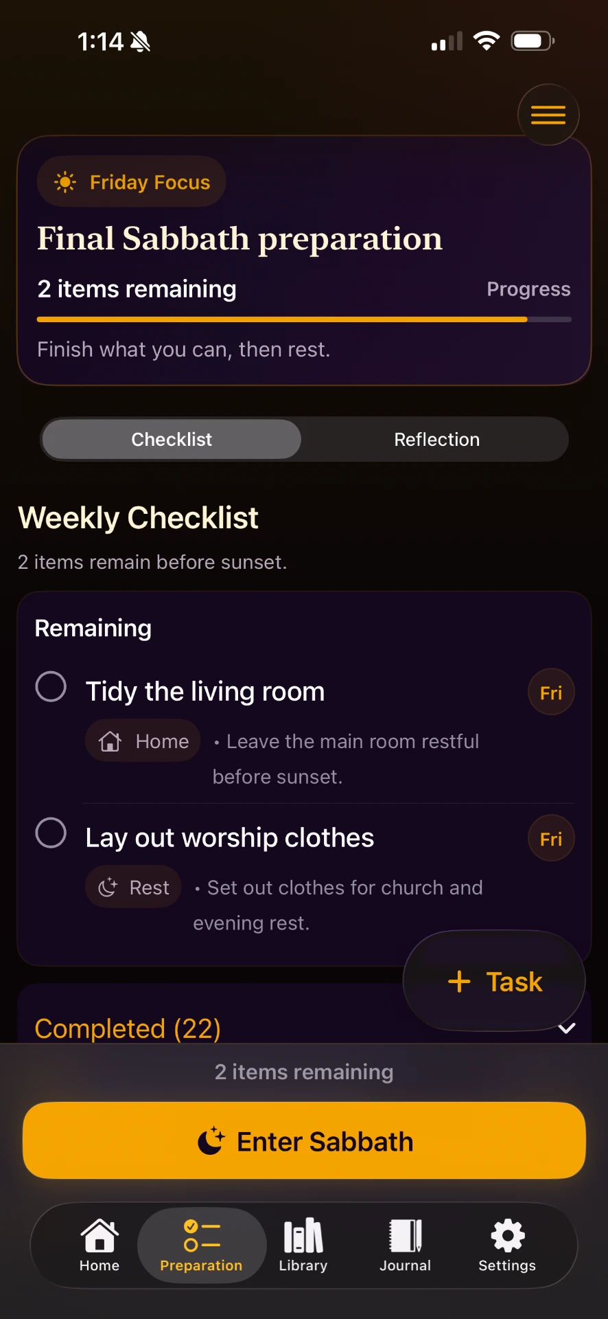 SabbathMate preparation screen with a Friday checklist and a large Enter Sabbath button