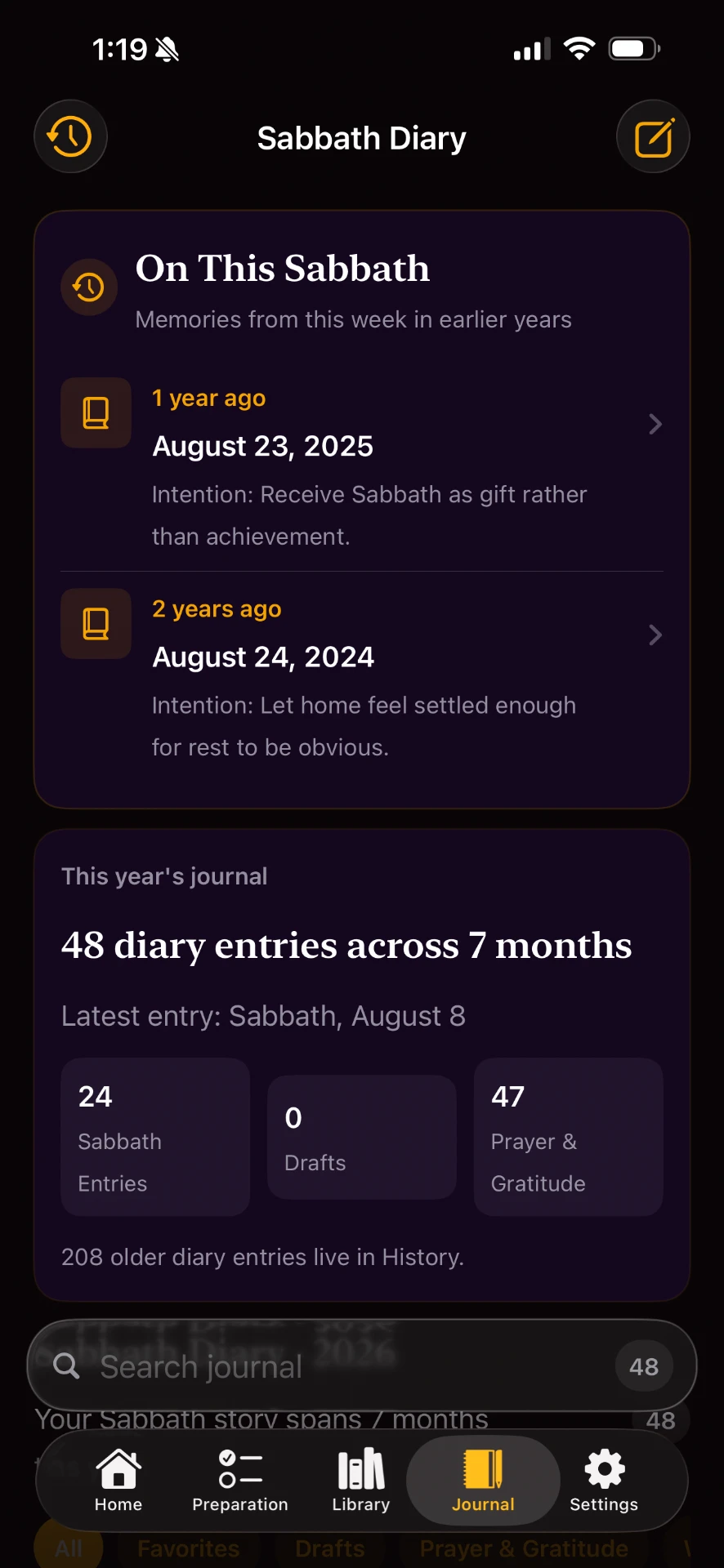SabbathMate journal screen showing Sabbath Diary with memories from earlier years and this year's journal summary